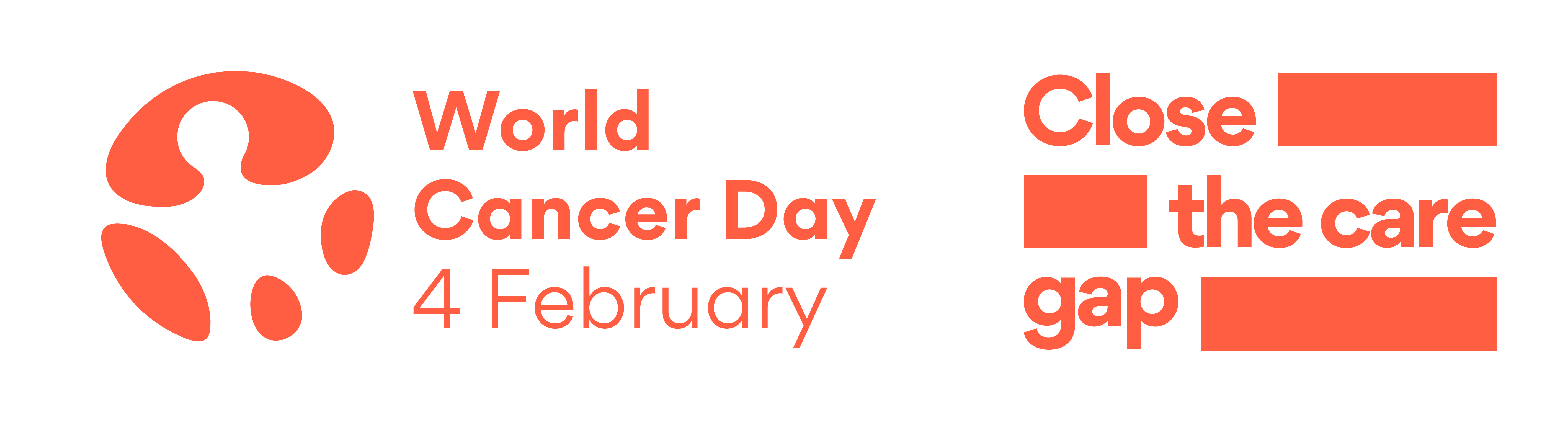 'World Cancer Day 4 February' and 'Close the Care Gap' theme logos, in orange on a white background.