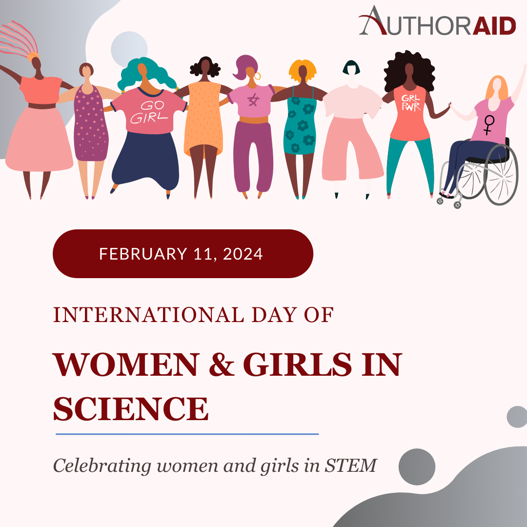 Cartoon graphic of many women linking arms with text stating 11th February 2024 International Day of Women and Girls in Science in red. Below is a statement of 'Celebrating women and girls in STEM'. The red and grey AuthorAID logo is at the top right.