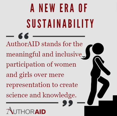 Cartoon graphic of woman walking upstairs with the quote 'a new era of sustainability. AuthorAID stands for the meaningful and inclusive participation of women and girls over mere representation to create science and knowledge'
