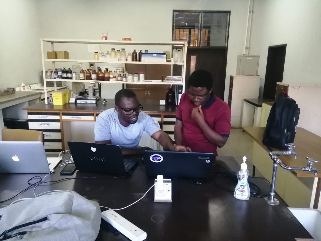 Two people both looking at a open laptop screen, one person pointing at something on the screen. The people are in a laboratory. On the bench behind them is a rack with many bottles and jars on it.