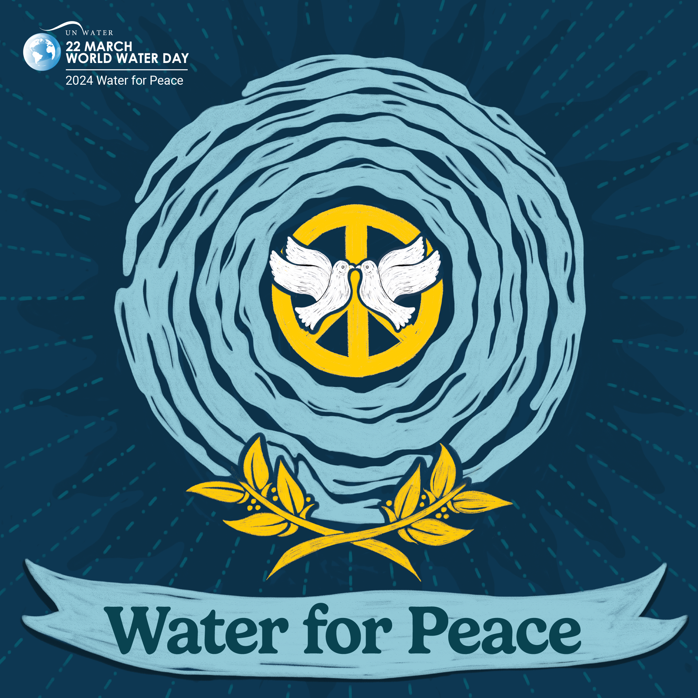 UN Water graphic - in the top left is the text 22 March World Water Day 2024 Water for Peace. The image is a dark blue background with a light blue banner-like shape at the bottom with text 'Water for Peace'. In the centre is a mirrored-image of light blue water-like shapes connecting in a circle, with a yellow 'peace' symbol in the middle and two white doves in the centre. At the bottom of the circle is two yellow overlapping leafy stems.