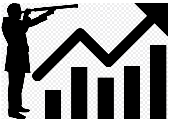 Image of a silhouette of a person with a telescope pointing it to the top right of the image, with a block black bar graph and arrow ascending towards the top right of the image